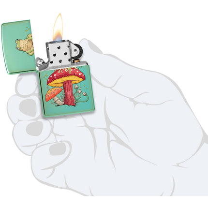 Zippo Lighter: Mystical Frog on Mushroom Design High Polish Green | 48973