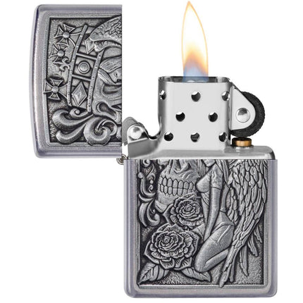 Zippo Lighter: Skull And Angel Emblem Street Chrome | 49442