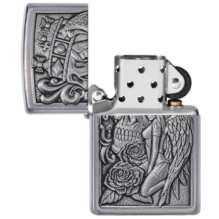 Zippo Lighter: Skull And Angel Emblem Street Chrome | 49442