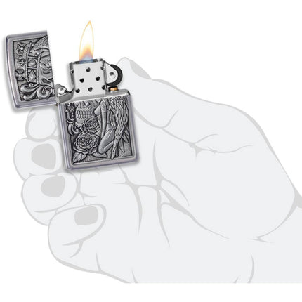 Zippo Lighter: Skull And Angel Emblem Street Chrome | 49442
