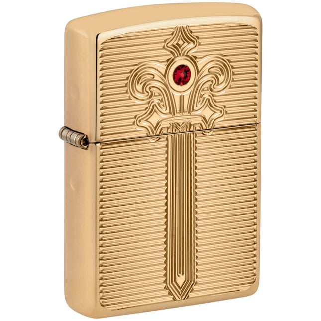 Zippo Lighter: Armor Royal Saber Design with Ruby-Red Crystal High Polish Brass | 46737