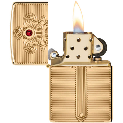 Zippo Lighter: Armor Royal Saber Design with Ruby-Red Crystal High Polish Brass | 46737