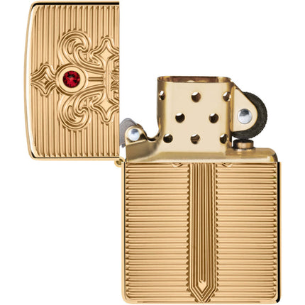 Zippo Lighter: Armor Royal Saber Design with Ruby-Red Crystal High Polish Brass | 46737