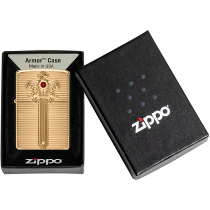 Zippo Lighter: Armor Royal Saber Design with Ruby-Red Crystal High Polish Brass | 46737