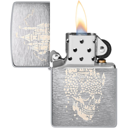 Zippo Lighter: Skull Castle Design Classic Brushed Chrome Finish | 46477