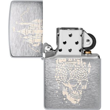 Zippo Lighter: Skull Castle Design Classic Brushed Chrome Finish | 46477