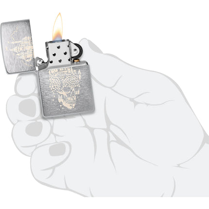Zippo Lighter: Skull Castle Design Classic Brushed Chrome Finish | 46477