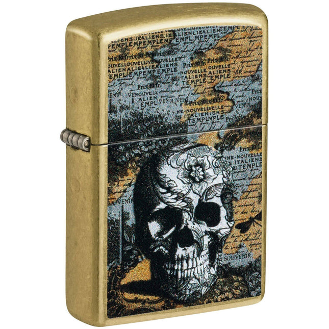 Zippo Lighter: Floral Skull Design Classic Street Brass Finish | 46577