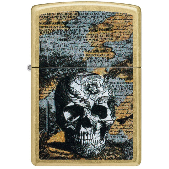 Zippo Lighter: Floral Skull Design Classic Street Brass Finish | 46577