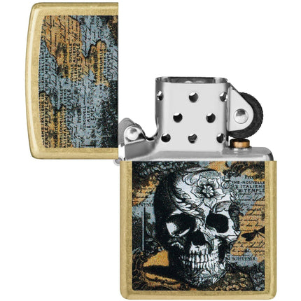 Zippo Lighter: Floral Skull Design Classic Street Brass Finish | 46577