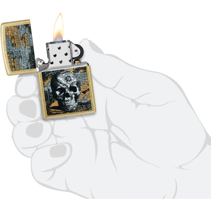 Zippo Lighter: Floral Skull Design Classic Street Brass Finish | 46577