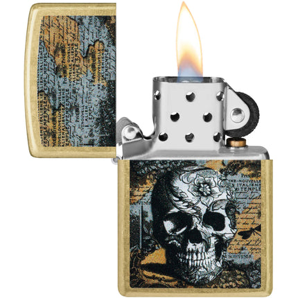 Zippo Lighter: Floral Skull Design Classic Street Brass Finish | 46577