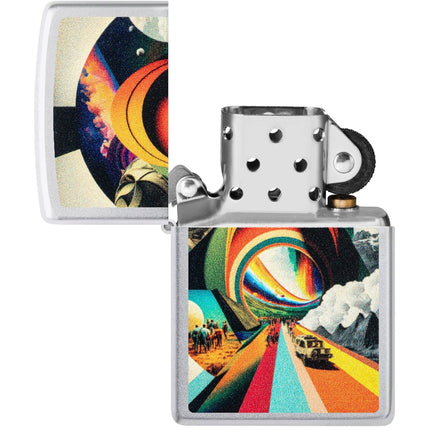 Zippo Lighter: Trippy Travel Design Classic Satin Chrome Finish | 46578