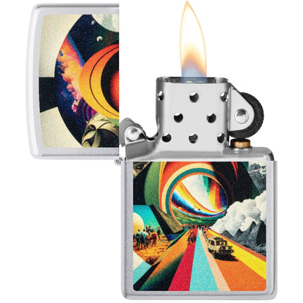 Zippo Lighter: Trippy Travel Design Classic Satin Chrome Finish | 46578