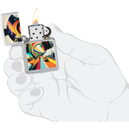 Zippo Lighter: Trippy Travel Design Classic Satin Chrome Finish | 46578