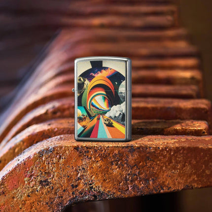 Zippo Lighter: Trippy Travel Design Classic Satin Chrome Finish | 46578