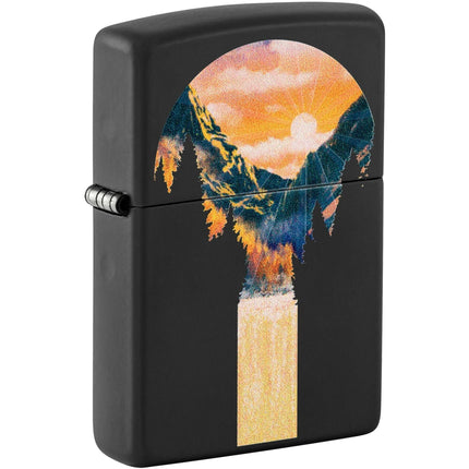 Zippo Lighter: Mountain Waterfall Design Black Matte Finish | 48676