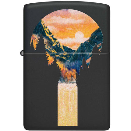 Zippo Lighter: Mountain Waterfall Design Black Matte Finish | 48676