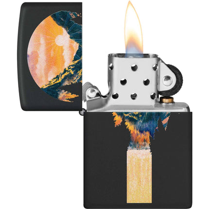 Zippo Lighter: Mountain Waterfall Design Black Matte Finish | 48676