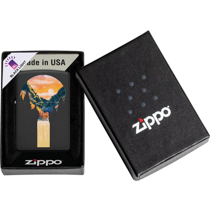 Zippo Lighter: Mountain Waterfall Design Black Matte Finish | 48676
