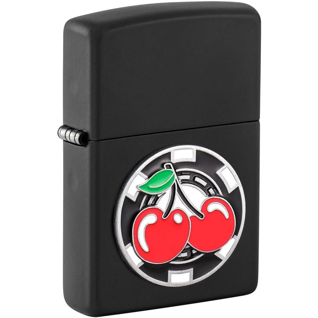 Zippo Lighter: Chip with Cherries Design Black Matte Finish | 48905