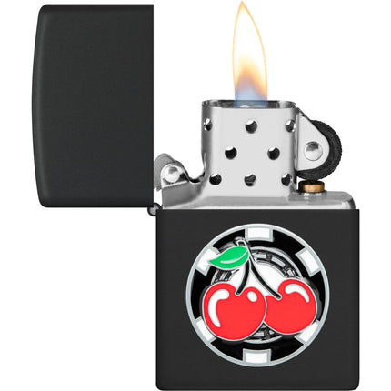 Zippo Lighter: Chip with Cherries Design Black Matte Finish | 48905