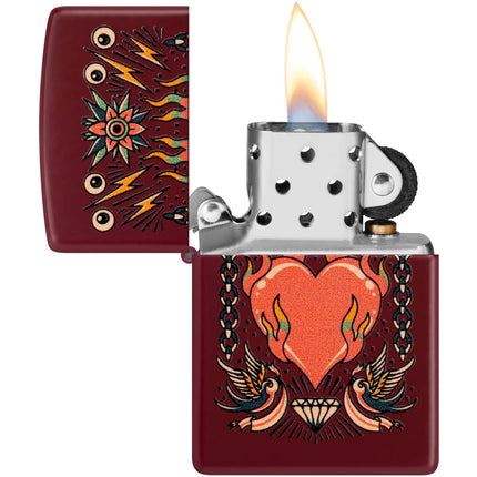 Zippo Lighter: Tattoo Heart Design Classic Merlot Brown Finish | 46584