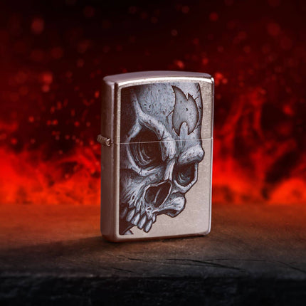 Zippo Lighter: Skull and Flame Design Classic Street Chrome Finish | 46587