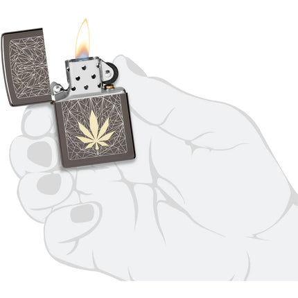 Zippo Windproof Pocket Lighter - Cannabis Design Metallic Black Ice Finish | 48384