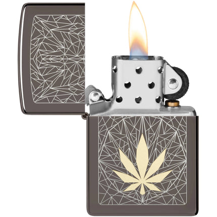 Zippo Windproof Pocket Lighter - Cannabis Design Metallic Black Ice Finish | 48384