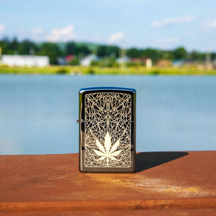 Zippo Windproof Pocket Lighter - Cannabis Design Metallic Black Ice Finish | 48384