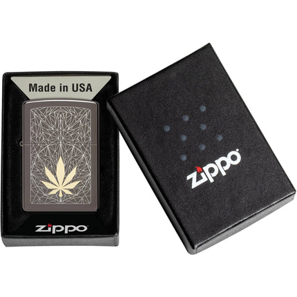Zippo Windproof Pocket Lighter - Cannabis Design Metallic Black Ice Finish | 48384
