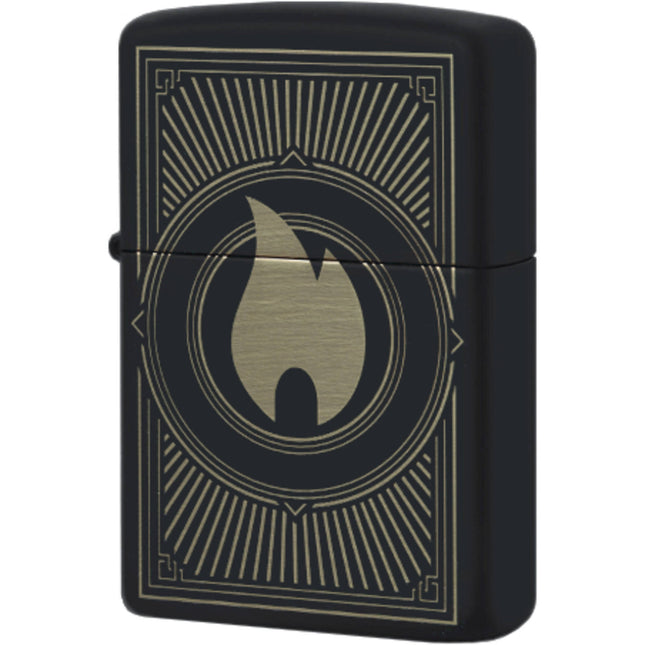 Zippo Windproof Pocket Lighter - Deco Flame Design Black Matte Finish Metal | 49217