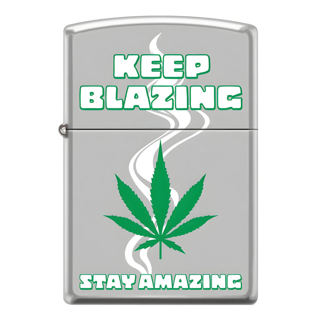 Zippo Lighter: Keep Blazing Cannabis Design Satin Chrome | AD501