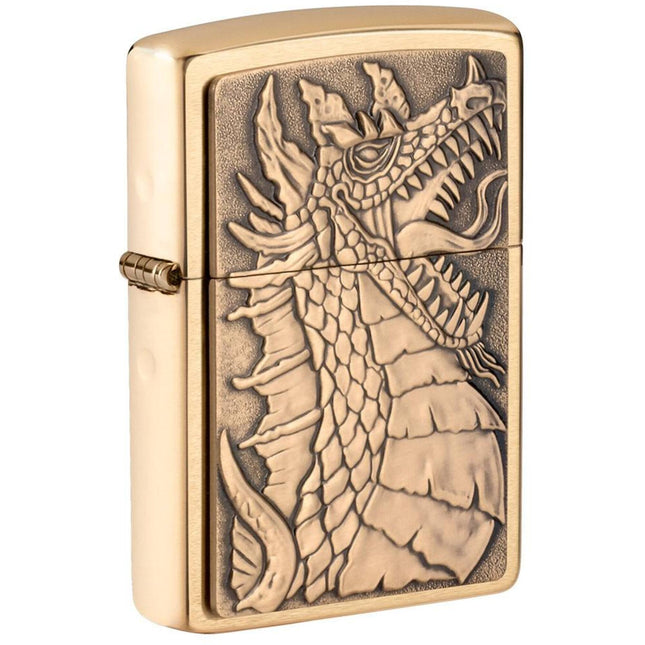 Zippo Lighter: Dragon Emblem Design Brushed Brass Finish | 49297