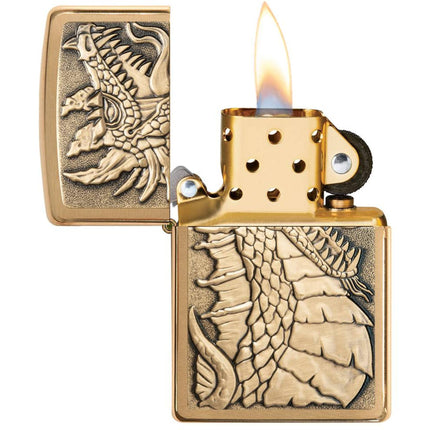 Zippo Lighter: Dragon Emblem Design Brushed Brass Finish | 49297