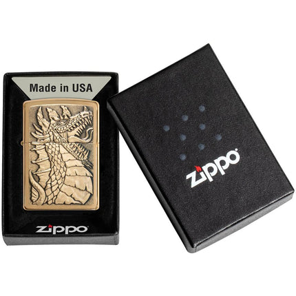 Zippo Lighter: Dragon Emblem Design Brushed Brass Finish | 49297