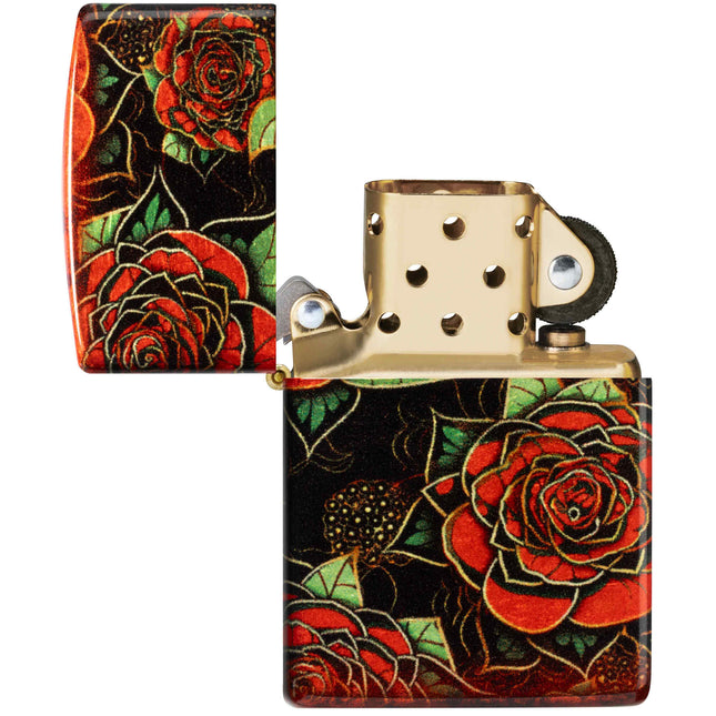 Zippo Lighter: Blooming Roses Design Black and Red Finish | 46849