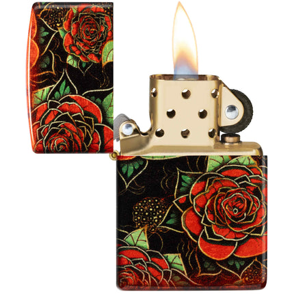 Zippo Lighter: Blooming Roses Design Black and Red Finish | 46849