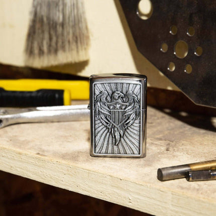 Zippo Lighter: Eagle Shield Emblem Design Chrome | 49450