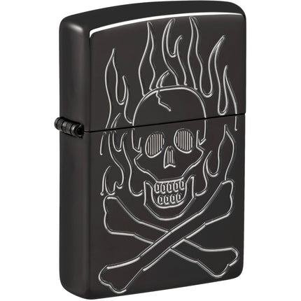 Zippo Lighter: Flaming Skull Design High Polish Black Finished | 46930