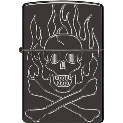 Zippo Lighter: Flaming Skull Design High Polish Black Finished | 46930