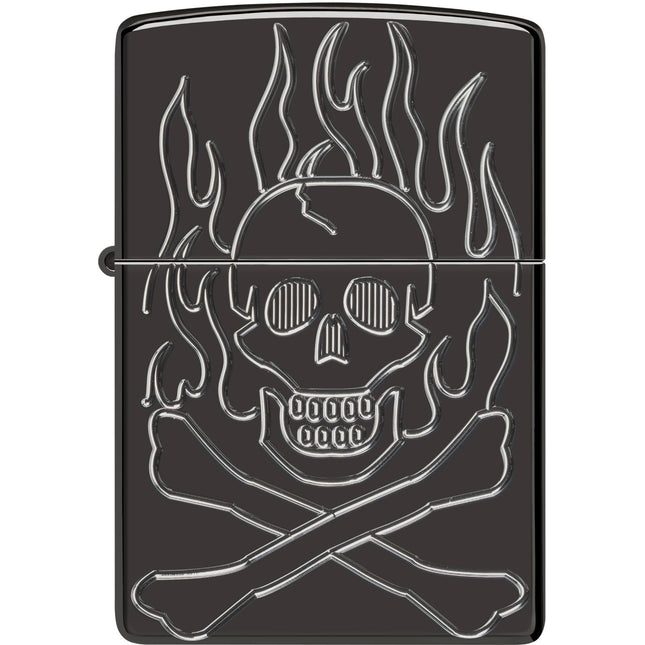Zippo Lighter: Flaming Skull Design High Polish Black Finished | 46930