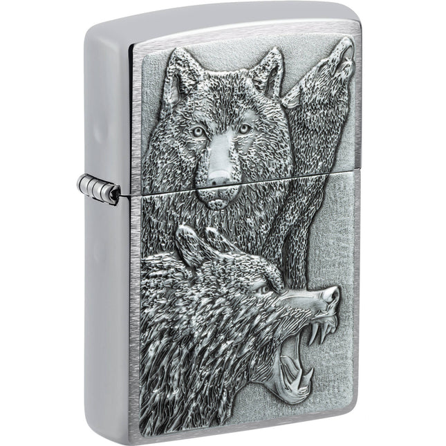 Zippo Lighter: Wolf Pack Emblem Attached Brushed Chrome Finish | 46960