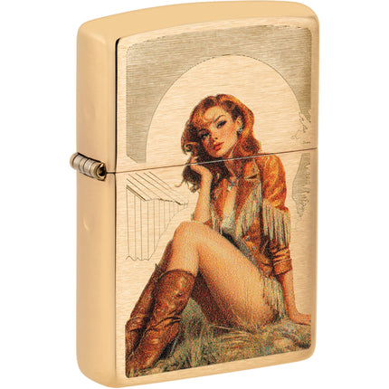 Zippo Lighter: Auto Engraved Cowgirl Design Brushed Brass Finish | 46962