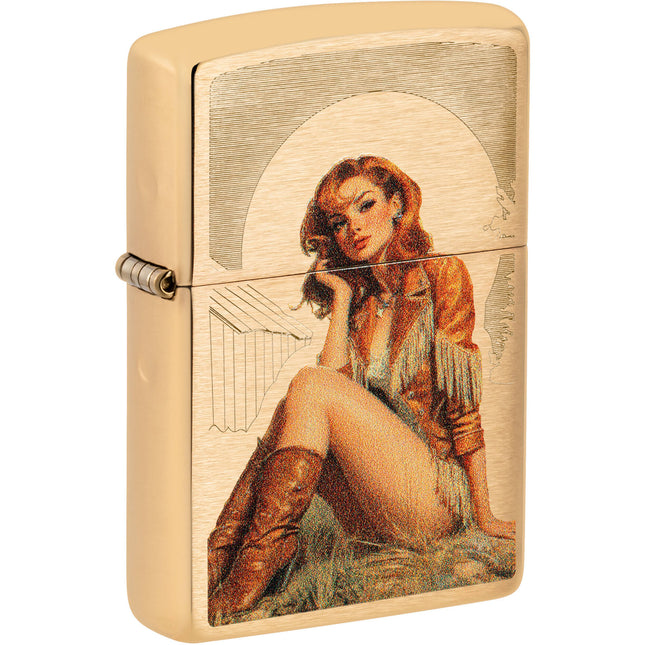 Zippo Lighter: Auto Engraved Cowgirl Design Brushed Brass Finish | 46962