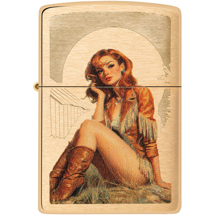 Zippo Lighter: Auto Engraved Cowgirl Design Brushed Brass Finish | 46962