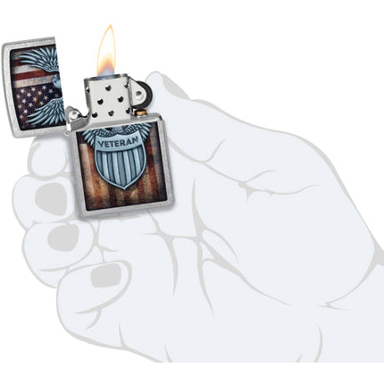 Zippo Pocket Lighter - Veteran Crest Design Street Chrome Metal Windproof | 46824