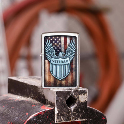 Zippo Pocket Lighter - Veteran Crest Design Street Chrome Metal Windproof | 46824