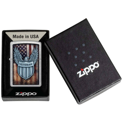 Zippo Pocket Lighter - Veteran Crest Design Street Chrome Metal Windproof | 46824